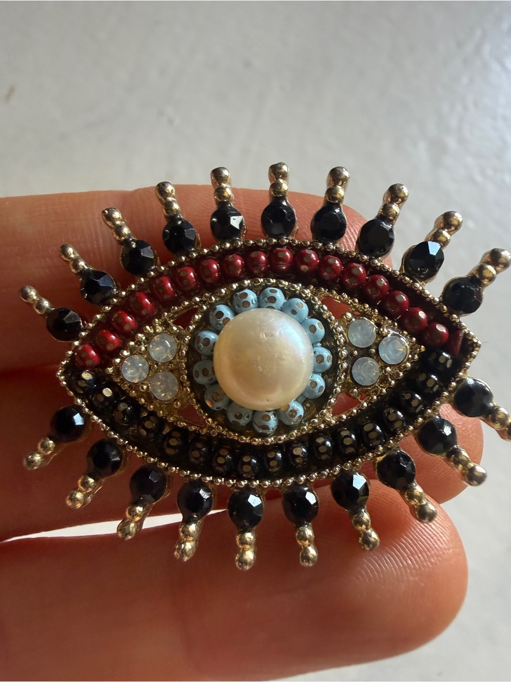 Beaded Evil Eye Brooch Pin - Black, Red & Blue Accent
